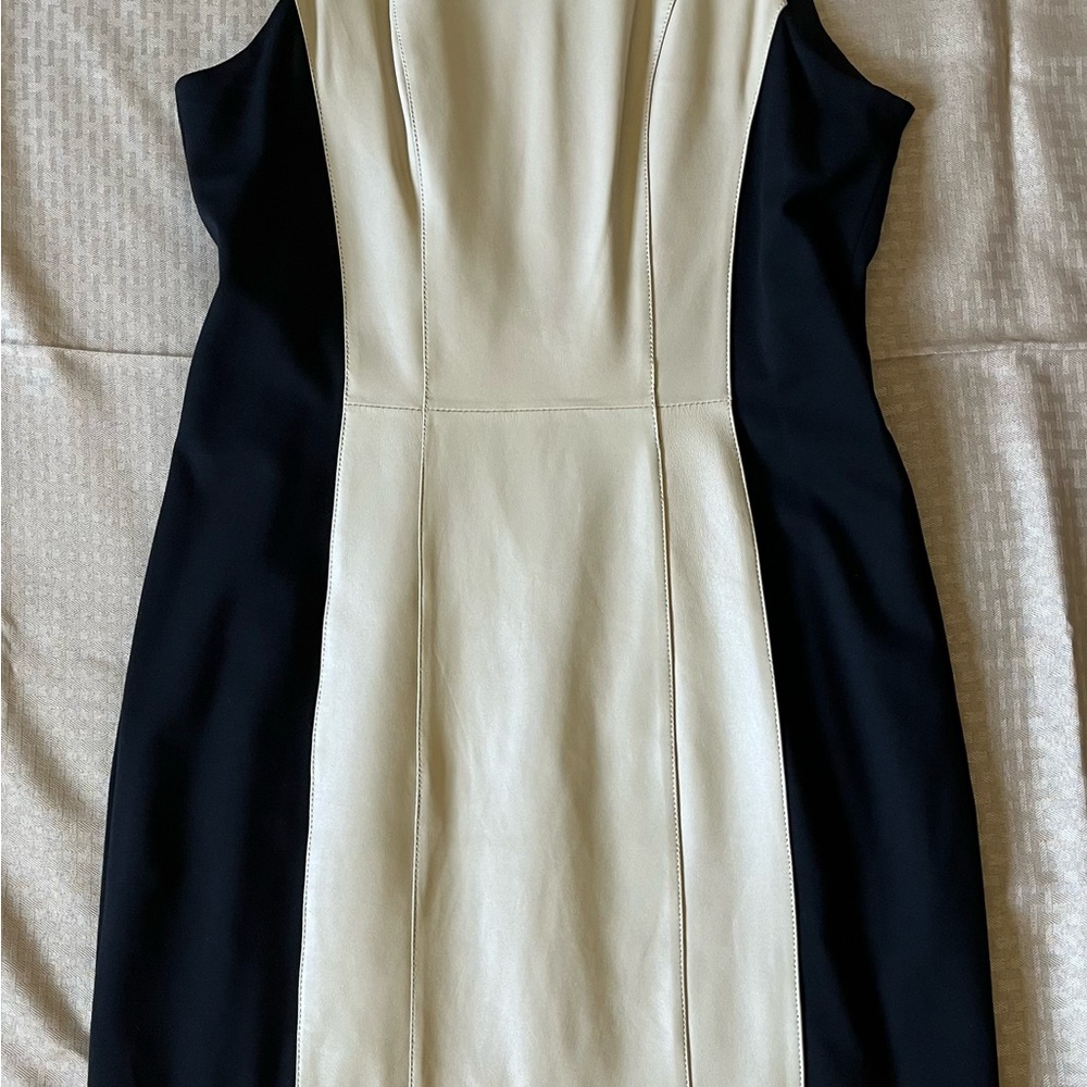 Etcetera Cream Leather Sleeveless Dress with Black Stretch Side Panels